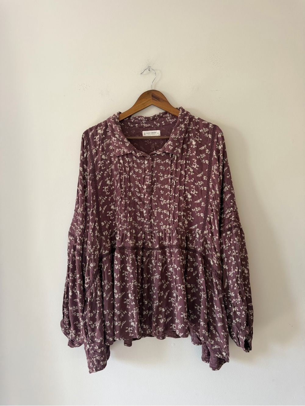 Lucky Brand Dusty Purple Floral Peasant Blouse Balloon Sleeve Oversized Tunic